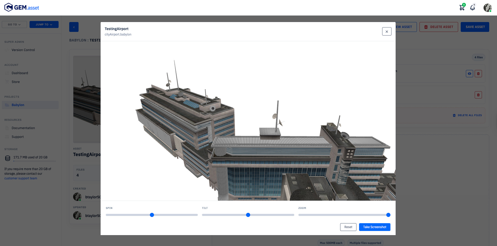 GEM asset manager previewing a building model before adding it to a scene