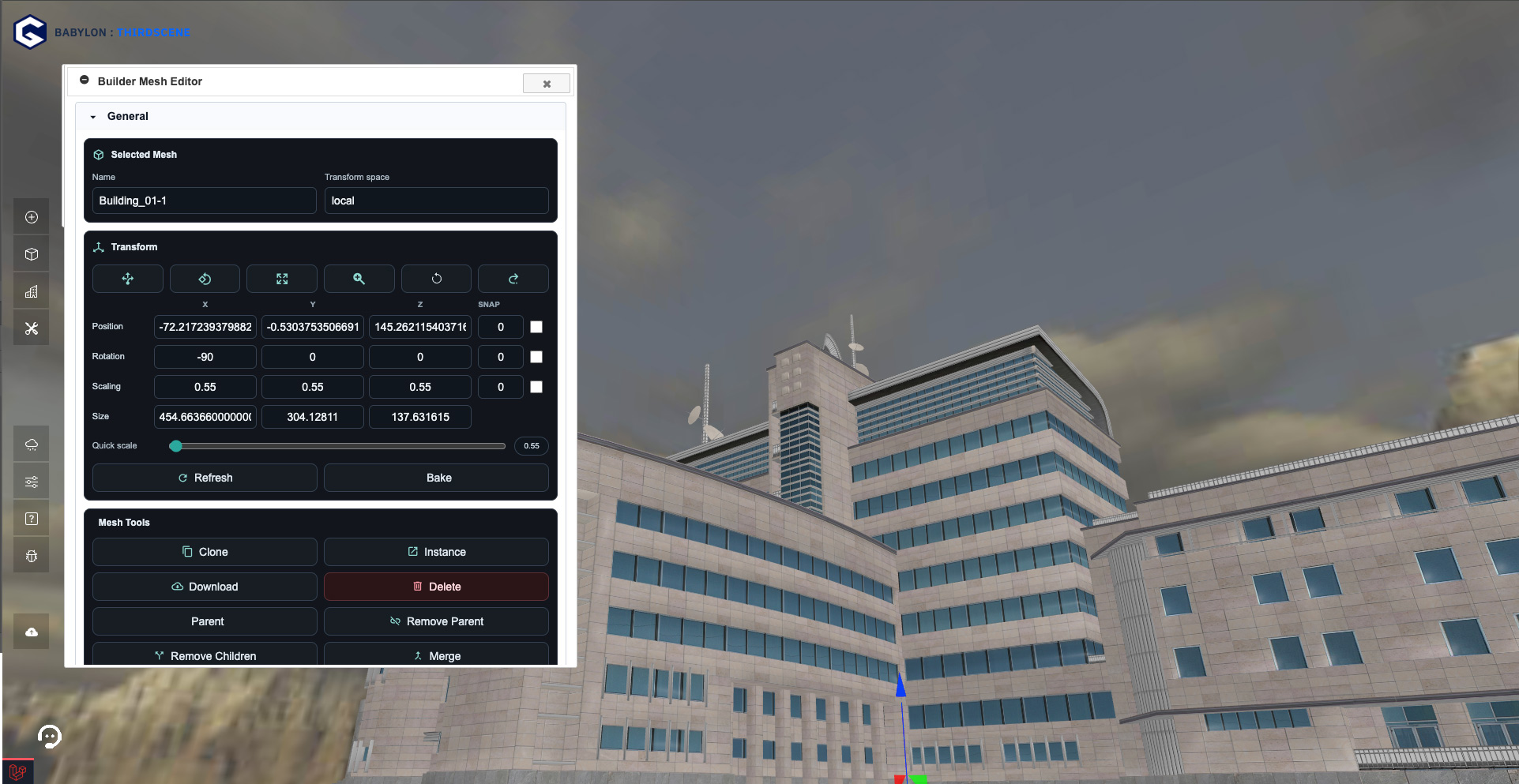 GEM builder tool editing a building mesh inside a Babylon.js scene